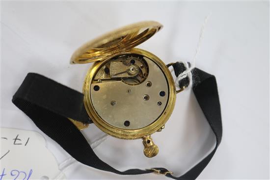 A late 19th century continental 18ct gold wrist watch (converted fob watch?).